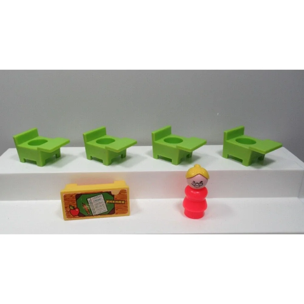Fisher Price Vintage Little People Red school teacher green chairs yellow desk
